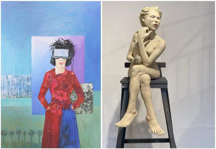 Die Fotos zeigen eine Skulptur von Maeggi Rochell und ein Exponat von Jutta Hieret. Foto. Gilde. Frei. 