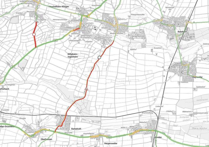 Die seit Ende September bestehende Vollsperrung der Straße zwischen Klingen und der B 38 (oben links) wird Mitte März aufgehoben. Die Straße ist dann saniert. Dafür wird tags darauf die L 544 zwischen Barbelroth und der B 38 voll gesperrt. Die Sanierung hier soll 5 Monate dauern. 