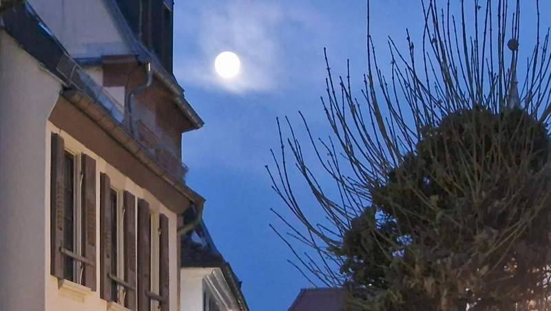 Der Vollmond steht kurz nach 17 Uhr über der Südpfalz, beeindruckend klar. Foto. rw. 