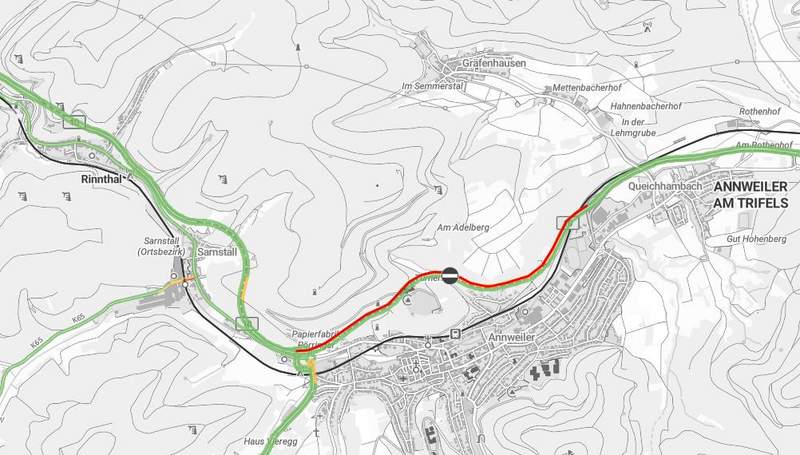 Am Donnerstag ist die B 10 bei Annweiler von 9 bis 15 Uhr gesperrt. Grafik. LBM. Frei. 