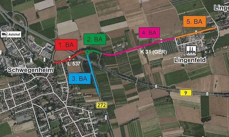 Der 5. Bauabschnitt der K 31 bei Lingenfeld (auf dem Foto oben rechts) wird in der kommenden Woche angegangen.