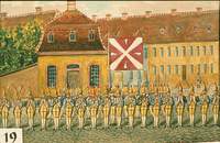 Der Maler Ernst Martin hat in seinem Aquarell die Grenadiere mit Übungsfahne auf dem Oberen Schlosshof festgehalten. Nach dem Tod des Landgrafen Ludwig IX. von Hessen-Darmstadt endete mit dem Abzug des verbliebenen Leibgrenadier-Bataillon 1792 für Pirmasens die Garnisonszeit. Foto. Sammlung Stadtarchiv PS. Frei.