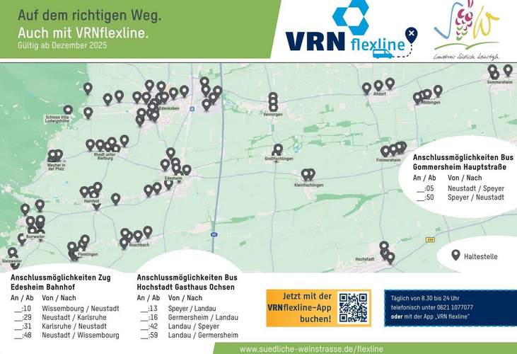 Haltestellen der VRNflexline SÜW ab Dezember 2025. Grafik. KV. SÜW. Frei. 