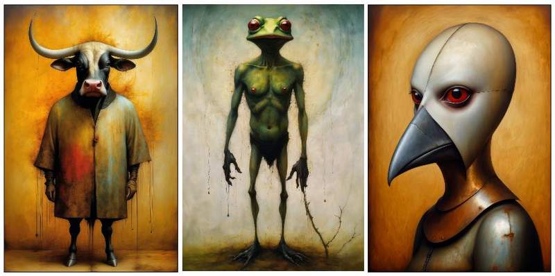 Drei Bilder aus der Ausstellung von Norman Krauß in der Redaktion von suewpress.de in der FuZo in BZA, Marktstraße 34. Von links. "El Torro", "grün und knapp" und "Blechvogel". Fotos. Norman Krauß.