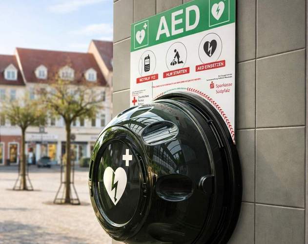 Leben gerettet. Dank öffentlichem Defibrillator. Angebracht auf dem Rathausplatz in LD. 