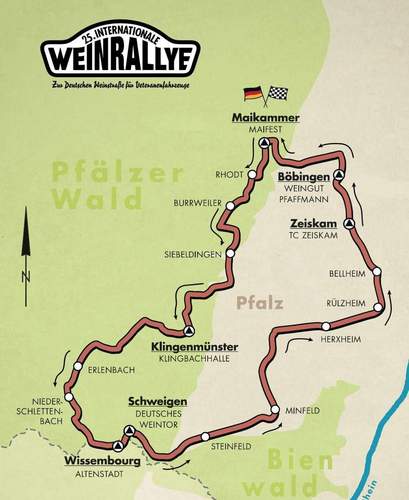 Die Strecke der Weinrallye durch die Süd(west)Pfalz und das Elsass. Am Samstag.