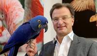 Zoodirektor Dr. Matthias Reinschmidt (auf dem Bild mit Hyazinth-Ara Henry) freut sich über das zweite Rekordjahr in Folge. Foto. Zoo KA. Timo Deible. Frei. 