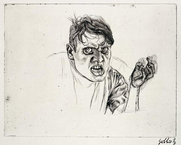 Die Zeichnung „Selbstbildnis, wütend“ (1922) von Karl Hubbuch ist in der Ausstellung „Expressiv! Grafik von Dürer bis Schlichter" zu sehen. Foto. Kunstmuseum. KA. Pressefrei. 