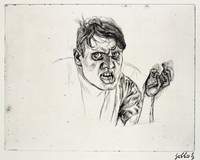Die Zeichnung „Selbstbildnis, wütend“ (1922) von Karl Hubbuch ist in der Ausstellung „Expressiv! Grafik von Dürer bis Schlichter" zu sehen. Foto. Kunstmuseum. KA. Pressefrei. 
