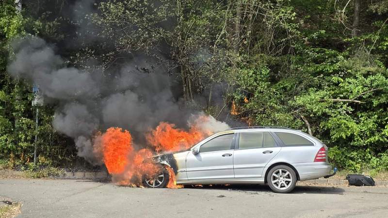 In Flammen. Ein Mercedes an der B 10 bei PS. Der Fahrer konnte sich retten. Es wird ein technischer Defekt vermutet. 