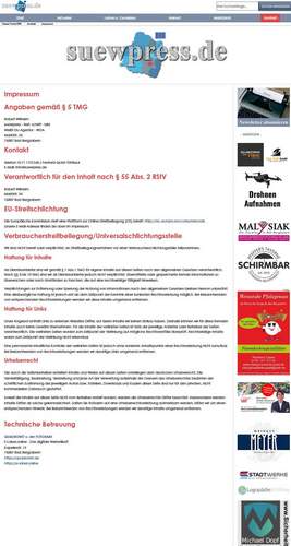 Das Impressum von suewpress.de, das laut der Medienanstalt RLP nicht existiert. Weil man vielleicht einfach zu faul war mal auf die Seite zu klicken? Es war Freitagmorgen und dort niemand mehr zu erreichen, um Auskunft zu bekommen ...