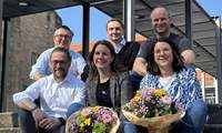 Das Leitungsteam der Stadtholding LD. V.l.n.r. (Oben) Christof Drost (Bäder), Thorsten Hartmann (Verwaltung), Johannes Klement (Veranstaltungsstätten) // (Unten) Daniel Zacher (Geschäftsführer), Nina Ziegler (Geschäftsführerin Stadt-Leben), Miriam Erb (Geschäftsführerin Stadt-Kultur). Foto. Stadt. LD. Frei. 
