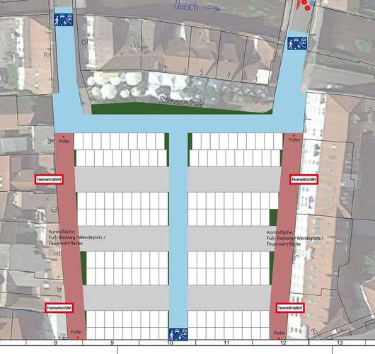 Grundlegend will die CDU LD den Weißquartier-Platz. Mittendurch soll eine Spielzonen-Straße (blau) führen, die Weißquartierstraße (links) und die Königstraße (rechts) in Höhe des P-Platzes sollen stückweise abgehängt werden. Grafik CDU. Frei. 