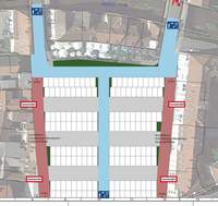 Grundlegend will die CDU LD den Weißquartier-Platz. Mittendurch soll eine Spielzonen-Straße (blau) führen, die Weißquartierstraße (links) und die Königstraße (rechts) in Höhe des P-Platzes sollen stückweise abgehängt werden. Grafik CDU. Frei. 