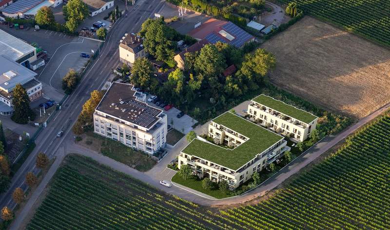 Das Projekt. Wohnbebauung auf der Wollmesheimer Höhe am Stadtausgang von LD. Entstehen sollen die beiden Gebäude mit grüner Bedachung. Dafür steht die Fa. ABL GmbH. Foto. ABL. Frei.