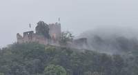 Eine von diesen Trutzbauten, die seit Jahrhunderten die Menschen am Oberrhein faszinieren und anlocken. Die Burg Landeck über Klingenmünster am heutigen Donnerstagvormittag, in herbstlichen Nebelschwaden gehüllt, auf dem Ausläufer des Treutelberges. Foto. rw. 