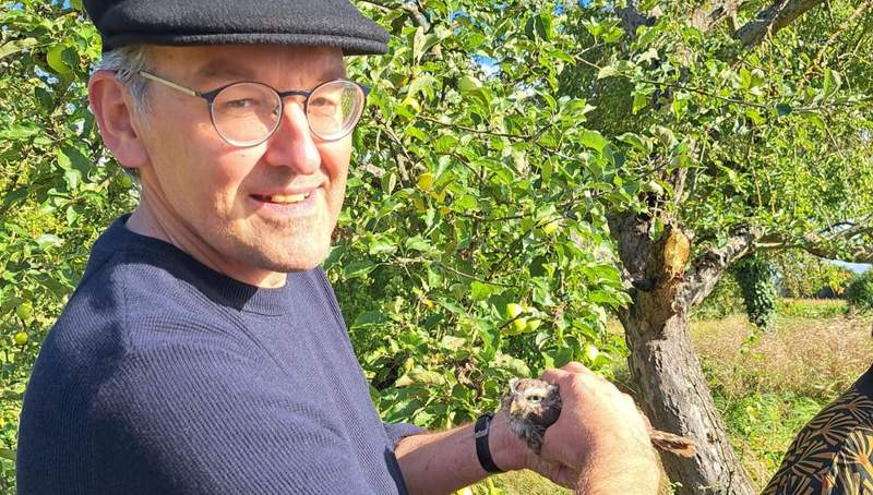  Erster SÜW-Kreisbeigeordneter Georg Kern mit einem jungen Steinkauz in der Hand, kurz vor der Auswilderung des Vogels. Foto. WWP. Pressefrei.