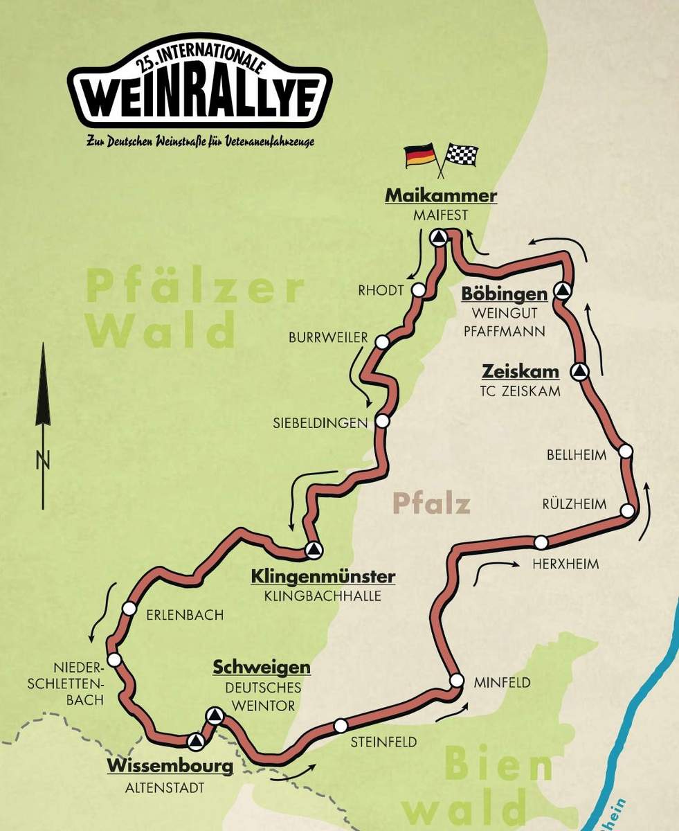 Die Strecke der Weinrallye durch die Süd(west)Pfalz und das Elsass. Am Samstag.