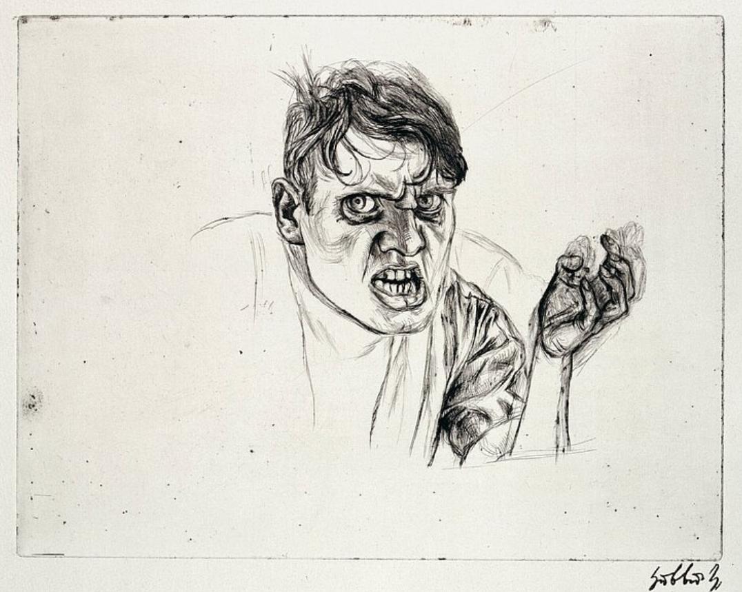 Die Zeichnung „Selbstbildnis, wütend“ (1922) von Karl Hubbuch ist in der Ausstellung „Expressiv! Grafik von Dürer bis Schlichter" zu sehen. Foto. Kunstmuseum. KA. Pressefrei. 