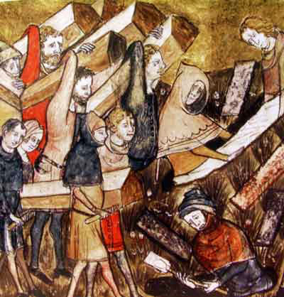 Die Beerdigung der Opfer der Pest in Tournai. Detail einer Miniatur aus den Chroniken von Gilles Li Muisis (1272–1352), Abt des Klosters Tournai, um 1350. Foto. Museum Annweiler. Frei.