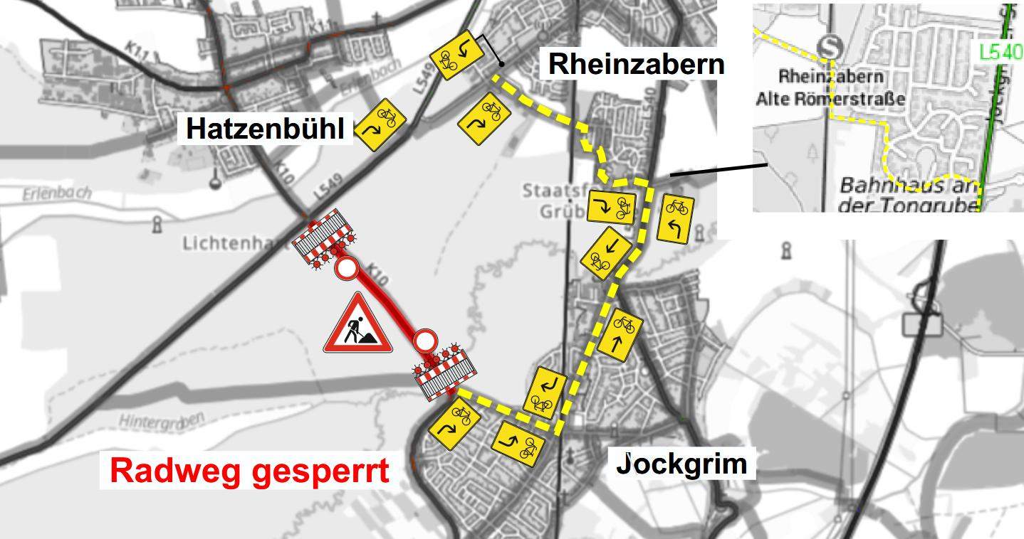 Am kommenden Montag beginnt die Sanierung des Radweges von Jockgrim zum Kreisel L 549. Hier die Umleitung für Radfahrer. Die Straße selbst ist nicht betroffen. 
